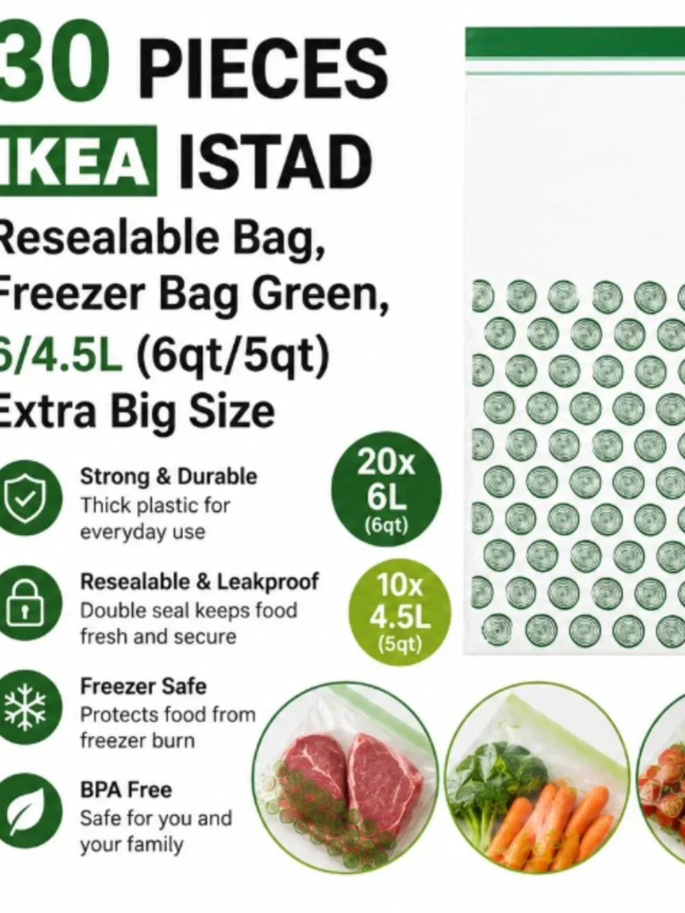ISTAD 405.779.62 Resealable bag, patterned/green, 6/5 qt/60 pack